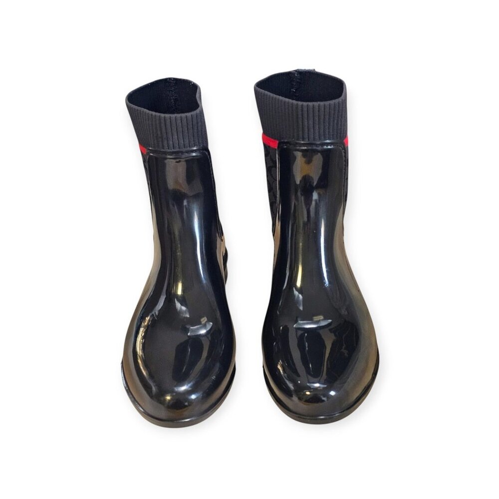 Coach Rivington Rubber Rain Boots Size 7 Black Red Knit Logo Trim Pull-On